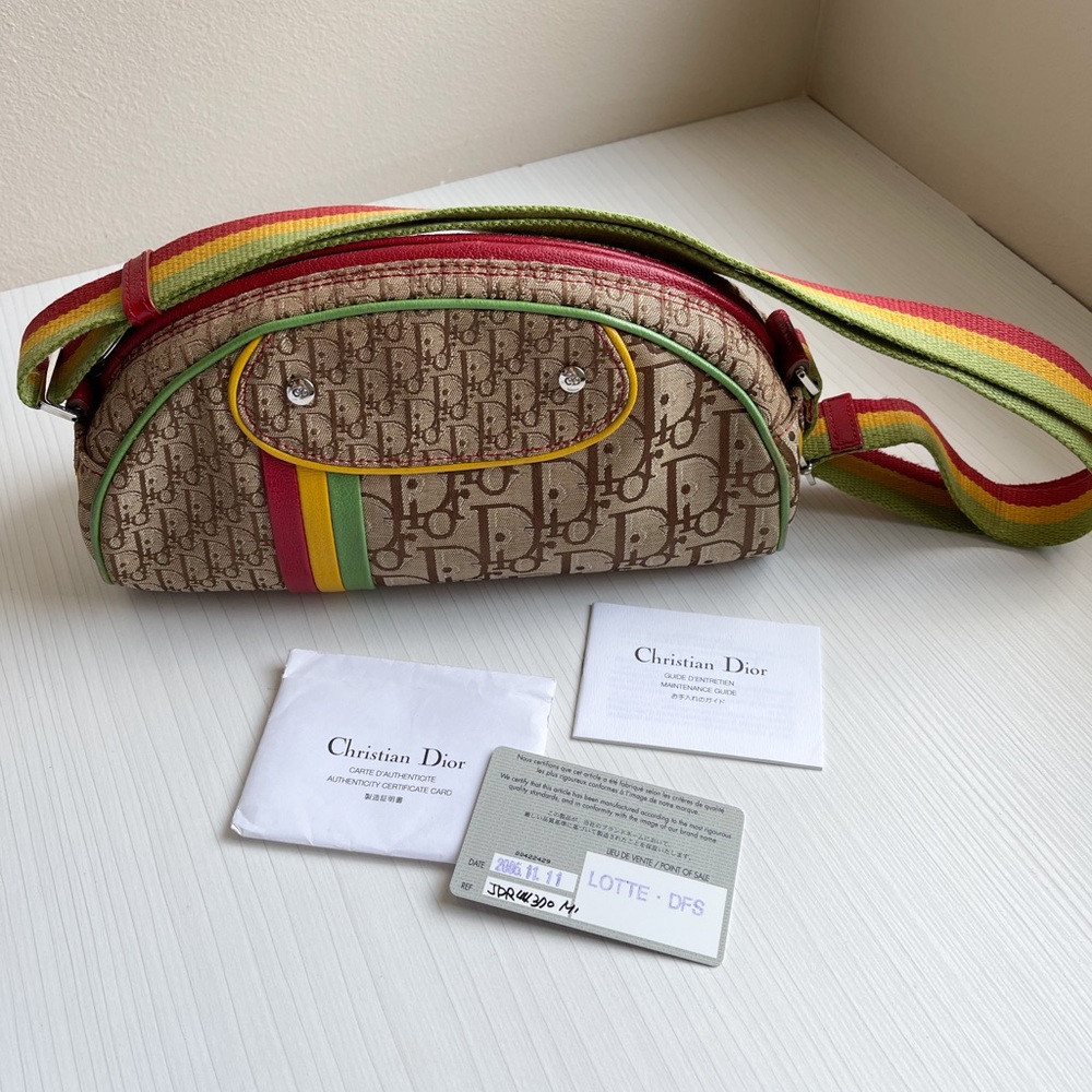 Dior Beige Monogram Canvas Crossbody with Red, Yellow & Green Stripes